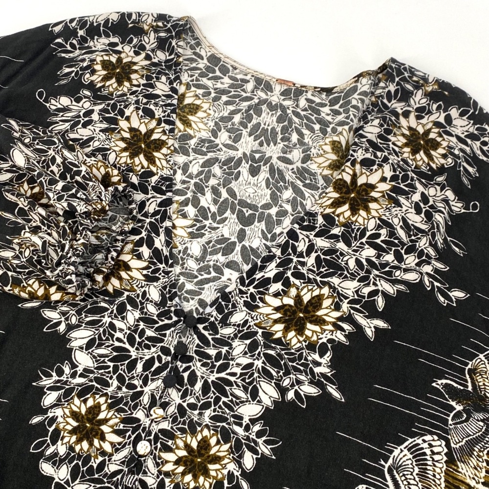 Free People Womens Medium Birds Of A Feather Floral Blouse Black V Neck Boho
